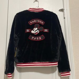 FOREVER 21 X Disney Mickey Mouse Faux Fur Varsity Japanese Patch Jacket Size: S